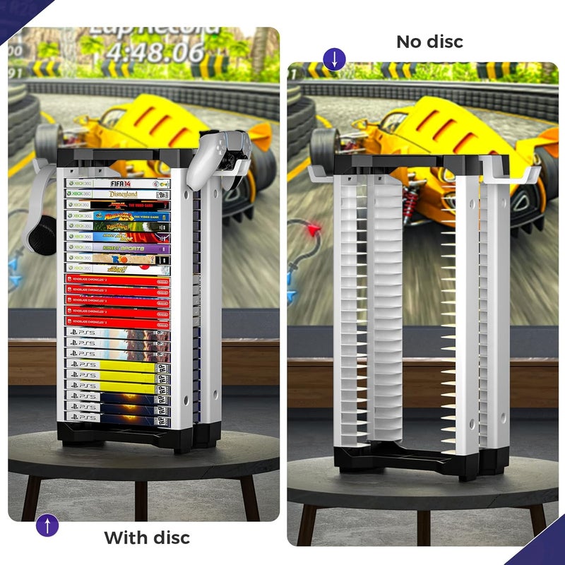 Allnice Game Storage Tower Multifunction Video Game Shelf for 24 game Disk, 2 Headsets Controllers Holder Compatible with PS3/PS4/PS5/ Nintendo Switch/Xbox One, Xbox Series X/S and Blu-Ray Discs - Image 4